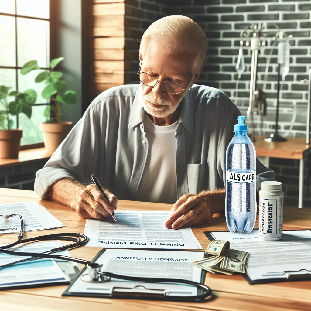An image reflecting the long-term financial planning for ALS care. In the center, there is an aging Caucasian man, possibly in his 70s, sitting at a wooden desk, reviewing documents. He is surrounded by medical equipment hinting at ALS care. On the desk are important documents like insurance papers, medical records, annuity contracts, and retirement savings statements. A bright, clear water bottle titled 'Real Water' sits on the desk, symbolizing the importance of hydration and health. The atmosphere is peaceful with a plant growing robustly by the window as if to hint at growth and investment.