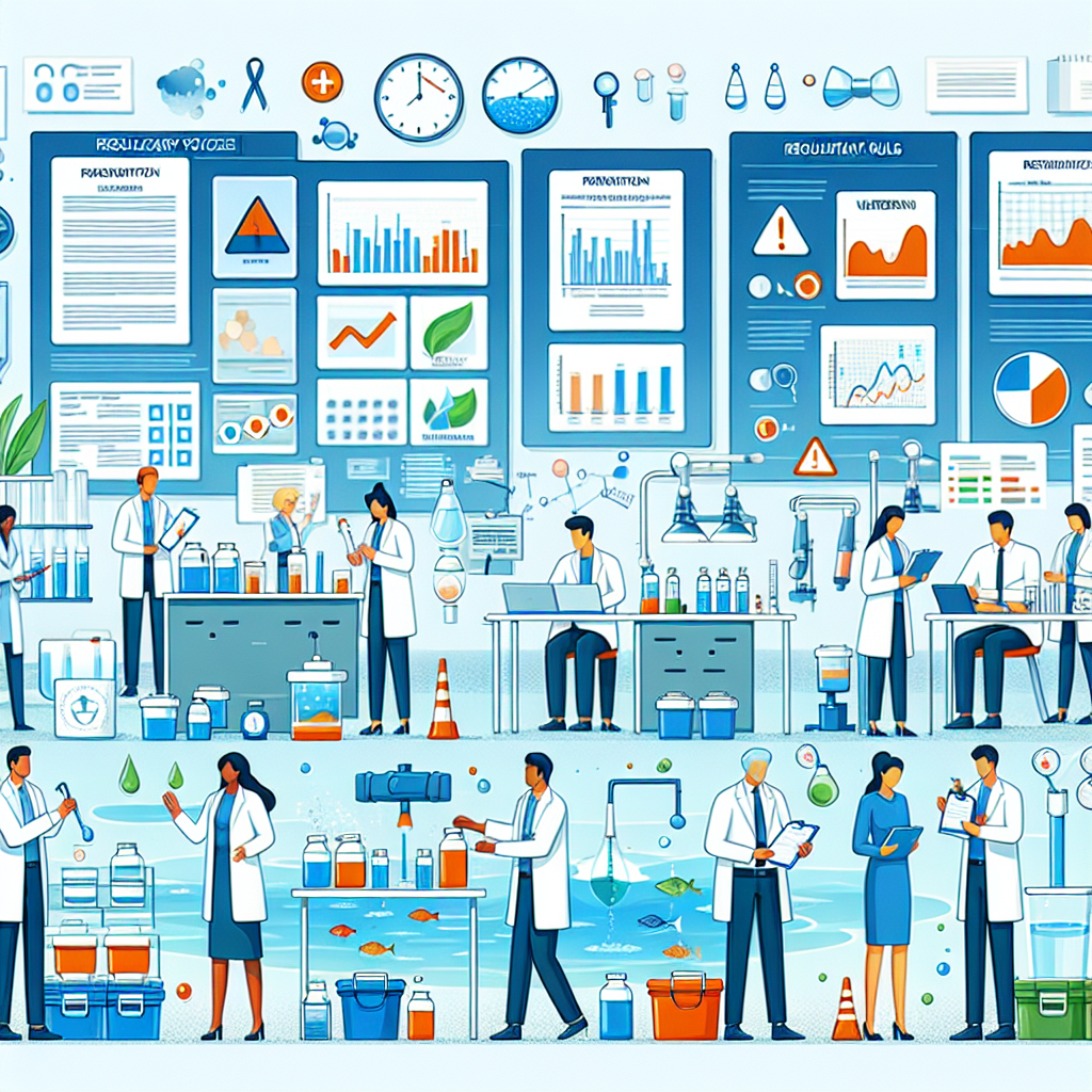 Depict a detailed scene of health professionals carrying out prevention strategies against waterborne illnesses. Show a team of multi-racial individuals that includes both male and female, engaged in different activities such as testing water samples, treating a water body, checking various equipment, and discussing regulatory rules. The scene is filled with water-testing tools, charts, graphs, and various health guides. The scene should also imply the strong presence of regulatory oversight, perhaps an official checking the undertaken procedures and a bulletin board with regulatory policies.