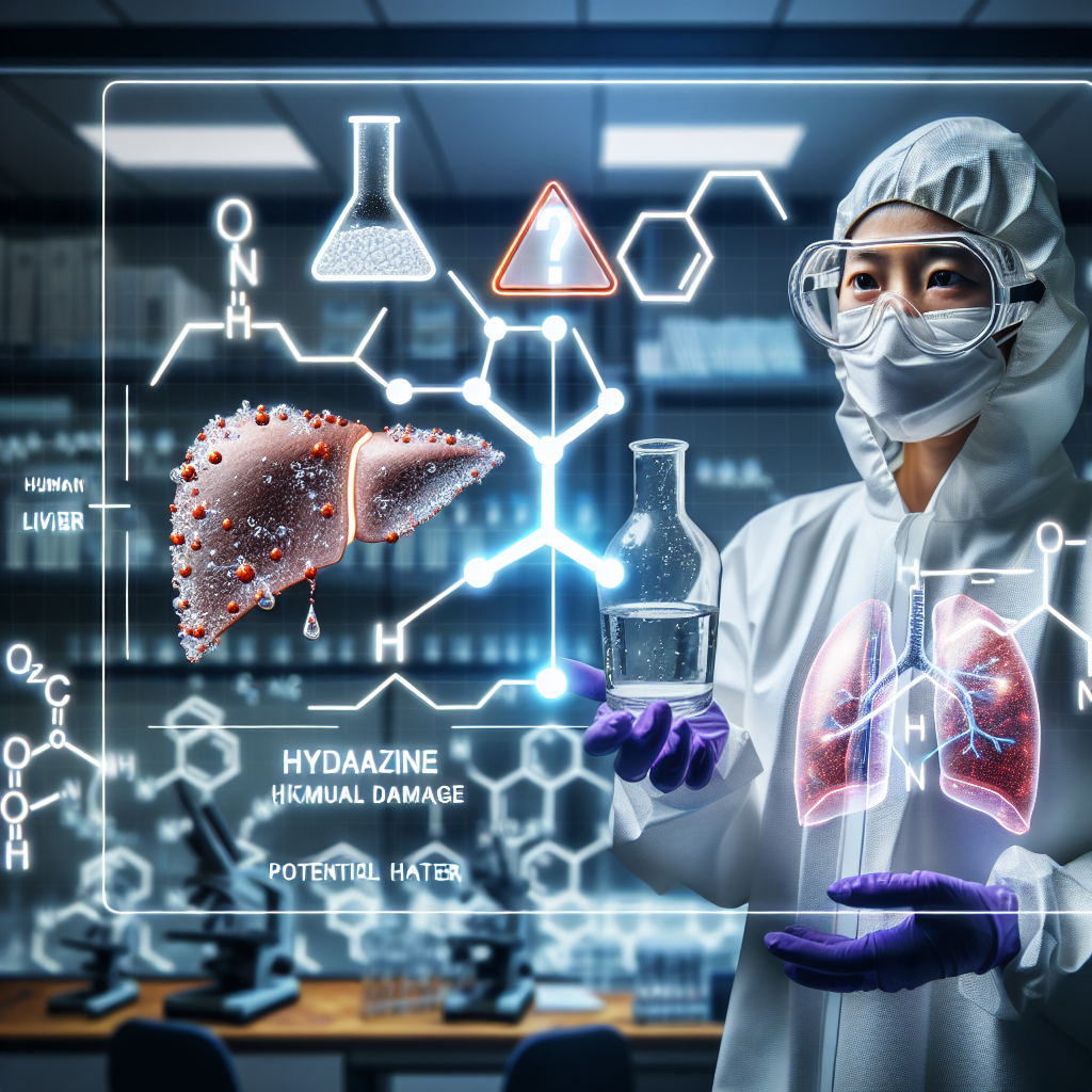 A conceptual image showcasing the dangers of Hydrazine. A lab environment where a scientist in protective gear, displaying the chemical structure of Hydrazine on a transparent screen. The scientist, an Asian female, is juxtaposed with a human liver diagram highlighting potential damage area on the other side. There's a symbol of danger imposed on the structure of Hydrazine. Also, include an image of a glass of water symbolizing 'Real Water', with a question mark, representing the unknown and potential hidden danger.