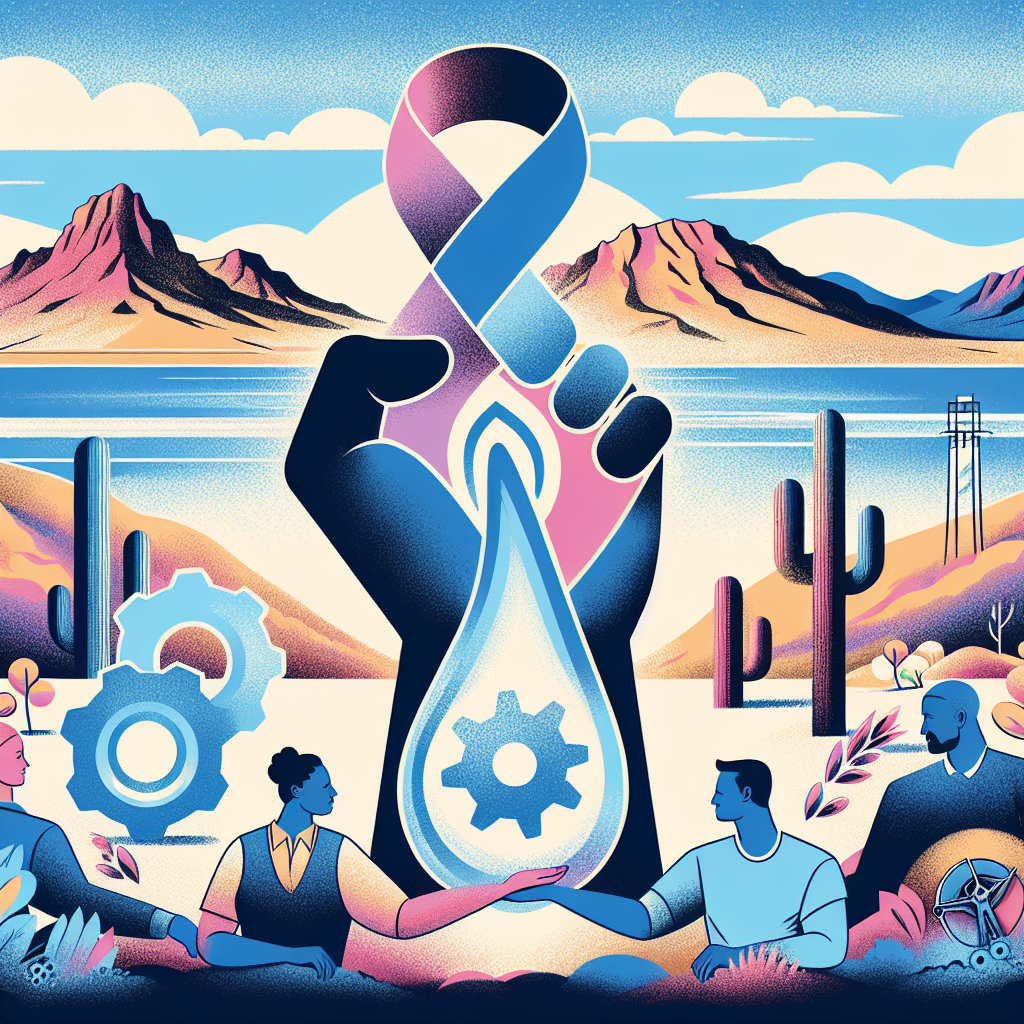 Visualize an article header showcasing a desert landscape embodying Nevada's rugged beauty. Integrate symbols that represent 'water' and 'operation', perhaps a water droplet and gears. In the foreground, depict a mixed race family sharing a supportive moment, expressing their collective strength. Now imagine symbols of 'empowerment' - possibly a flexing arm or lightbulb - subtly incorporated into their clothing or accessories. Above them, there's a faint but visible ALS ribbon symbol, swirling with colors and hope.
