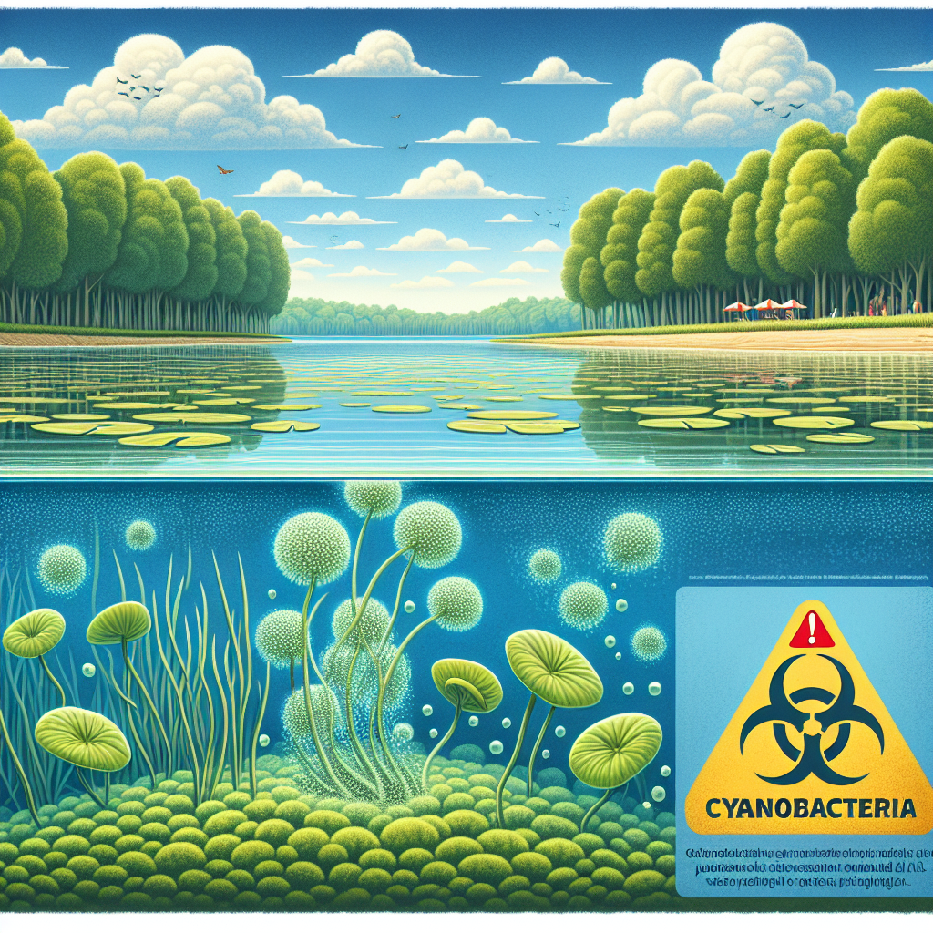 An informative illustrative depiction centered on the theme of freshwater safety. Picture a serene lake with lily pads and a lush, green tree-lined shore under a cloud-strewn blue sky. Directly beneath the surface of the water, visualize a colony of microscopic organisms, cyanobacteria, showcasing their innocuous yet potent presence. Next to the lake, have an implied warning sign showing a biohazard symbol to express the potential hazard posed by Cyanobacteria. Include a text caption in the bottom corner stating 'Cyanobacteria - Potential ALS Risk', emphasizing the key concern.