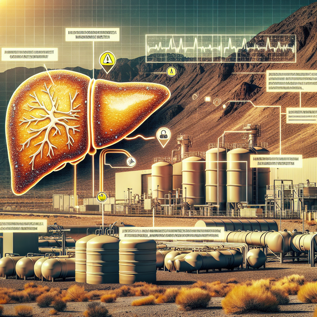 A detailed image representing a serious investigation into an organization that supplies water, located in Nevada. This image includes a graphic of liver damage symbolism perhaps related to signs of illness such as yellowish tones and discomfort, giving insights into potential health issues. The backdrop is a desert environment with water purification facilities in the distance setting the context of Nevada. Please include notations on the image symbolizing alarming discrepancies found in their operations process.