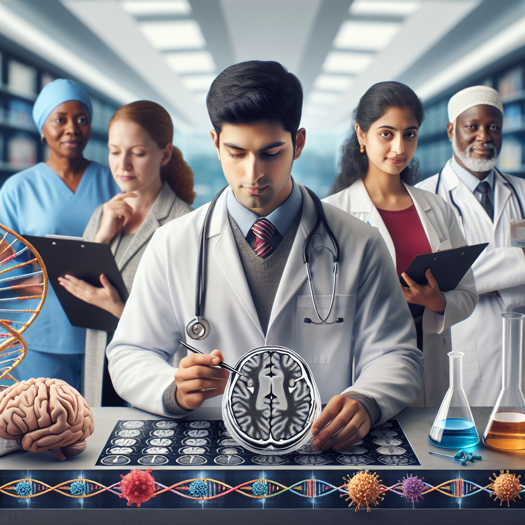 Create an image for an informational article regarding the disparities in ALS (Amyotrophic Lateral Sclerosis) diagnosis and treatment. The image should depict a diverse group of medical professionals - a Hispanic female neurologist with a lab coat and stethoscope, a Caucasian male researcher examining a brain MRI scan, a Middle-Eastern female genetic counselor discussing a DNA helix diagram. Also, include a representation of ALS-specific medical reports, laboratory test flasks, and molecules structure models. Use a clinical background with elements such as a hospital hallway or a lab setup for appropriate context.