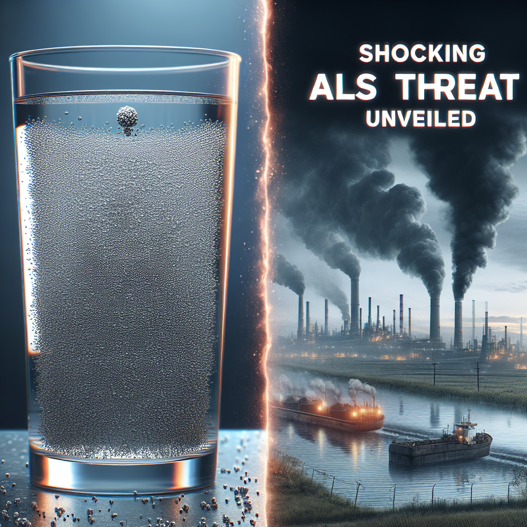 Generate a photorealistic image used for a scientific article about water pollution. The centerpiece is a glass of water in the foreground, with tiny specks of heavy metal particles floating in it, illustrating the invisible threat. In the background, the picture reveals a dismal industrial landscape with factories emitting smoke, symbolizing the source of the contamination. The upper portion of the image reads 'Shocking ALS Threat Unveiled', with the text visuals striking and bold.