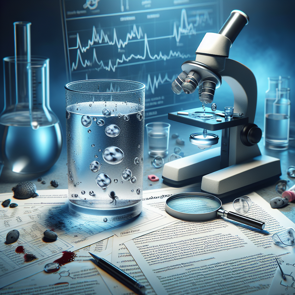 Create a detailed and high-quality photorealistic image for an article about exploring the shocking scandals related to alkaline water toxins. The scene should notably include a close-up shot of a glass of clear alkaline water, tainted subtly by invisible toxins. Beside this, a microscope showing the magnified view of these unseen toxins. The background should be filled with scientific charts and graphs to portray study and research. Also, include hints of shock and scandal, such as scattered papers, spilled ink, or mysterious shadows. Emphasize the revelation with a dramatic lighting effect.