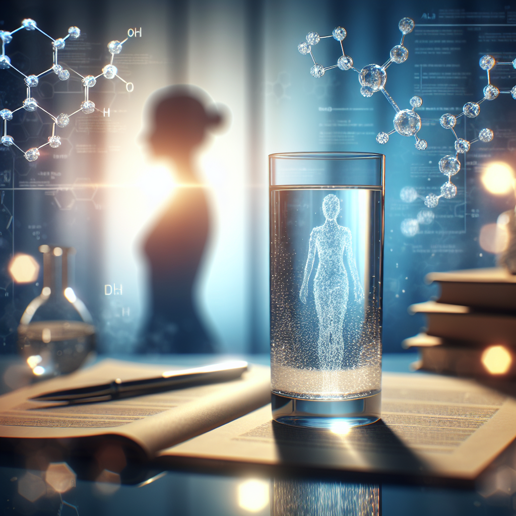 Illustrate a conceptual image for an article focusing on the research into the connection between ALS and water contaminants in women. The image should represent a glass of clear water filled halfway up, with its sparkling transparency revealing a molecule structure representing a contaminant. Behind the glass, present a silhouetted figure of a woman, symbolizing the target audience of the article. The background should be a scientifically inclined setup with documents, research papers, and lab equipment in soft focus, alluding to the ongoing investigation into the issue. The overall tone of the image should be serious, leaning towards concern.