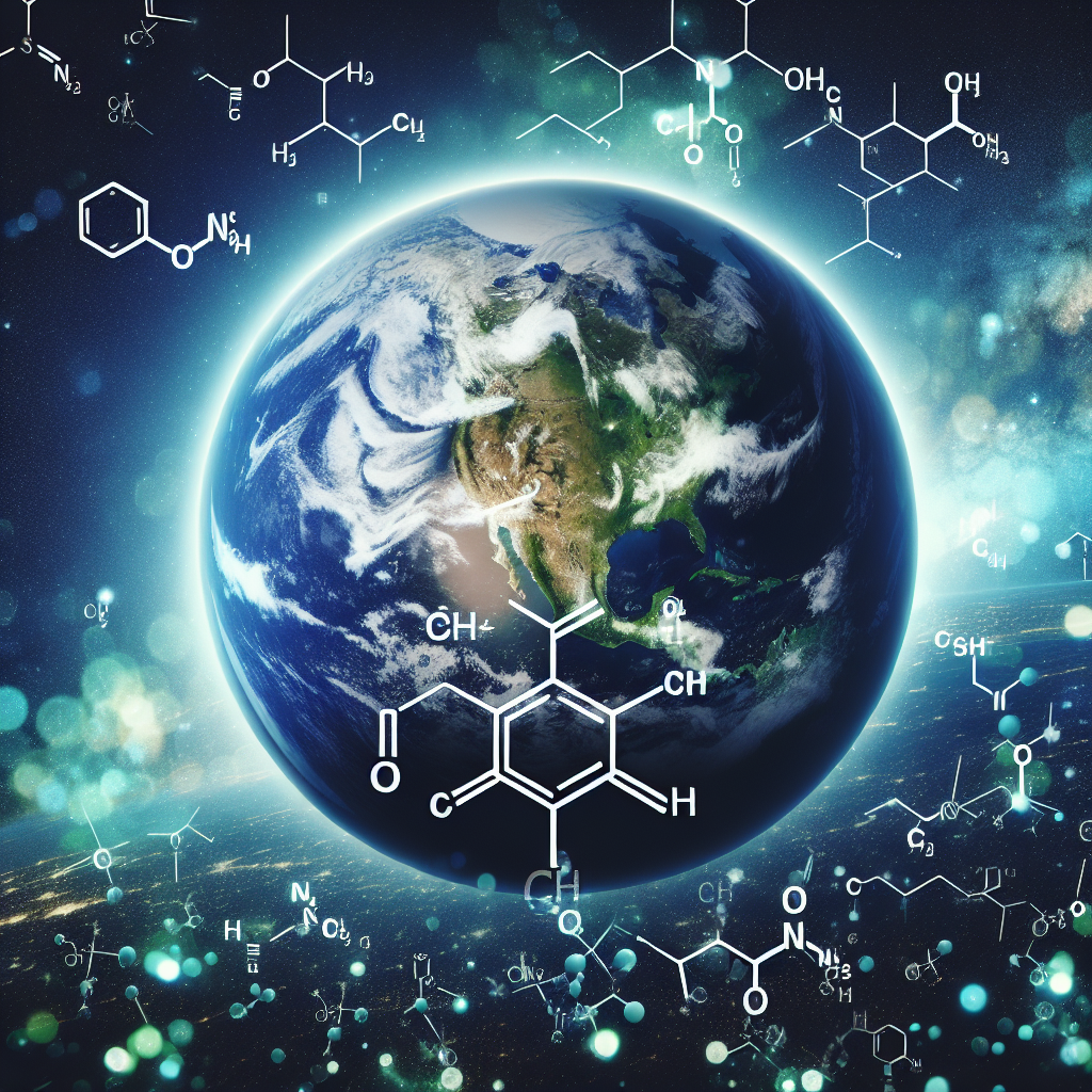 Create a compelling and visually striking image for an article about 'Hydrazine Contamination'. The image should loosely represent a hydrazine molecule structure prominently in the foreground over a dramatic backdrop of earth from space. Use hues of blue, white and green predominant to signify the global nature of the issue, while chemical symbols and chains can be subtly overlaid on the universe, symbolizing the broad reach of contamination.