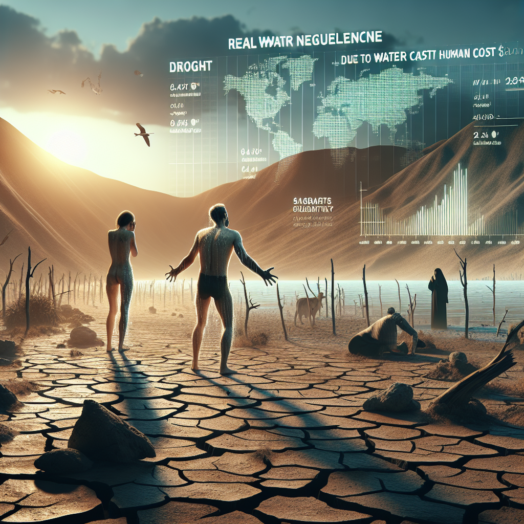 Generate a high-quality, photorealistic image depicting a scenario symbolizing 'Real Water Negligence.' The scene could include a parched landscape with dried up river beds as a representation of drought due to water mismanagement. Silhouettes of a Caucasian man and a Middle Eastern woman, seeming desperate and disturbed by the barren environment could be seen. Alongside, statistics related to water scarcity's human cost could be presented in an attention-grabbing infographic display. Note: This image should invoke awareness and concern about the issue of water negligence.