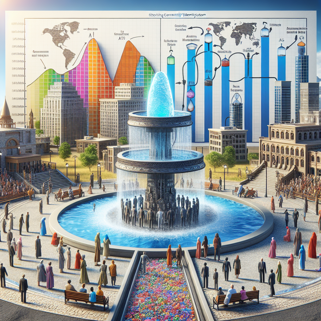 Create a detailed, photorealistic image signifying a community water system and the associated risks of ALS. Picture an illustrative scenario where a diverse community of people are gathered around a large water fountain in a public square. The water is depicted flowing from multiple sources, signifying the various components of a community water system. In the background, a towering diagram is seen visually representing progress of a disease, with ALS highlighted prominently, symbolizing the shocking risk findings. The community reflects a range of descents including Caucasian, Middle-Eastern, South Asian, Hispanic, and Black, with an equal gender distribution.