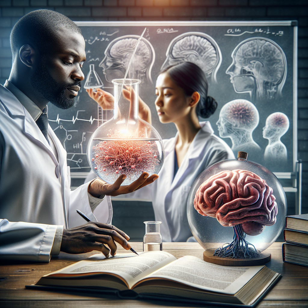 A captivating image showcasing a symbolic breakthrough in ALS research. In the foreground, an African American male neuroscientist in a white lab coat examines a miniature 3D brain model in his hand, while his Middle-Eastern female colleague makes notes on a clipboard. In the background, a glass flask filled with clear liquid next to an open textbook on neuroscience, symbolizing the concept of 'Real Water Judgments'. On a whiteboard behind them, there are sketches and diagrams related to the molecular structure of ALS. The scene signifies progress, dedication, and hope in the fight against ALS.