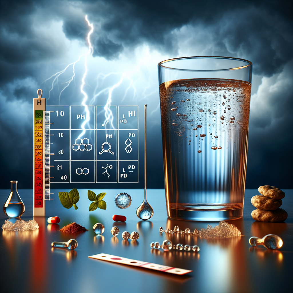 Create a detailed and realistic image presenting the principle of 'Alkaline Water Toxins'. The scene includes a glass filled with clear water with pH strips next to it showing an alkaline result. The background should subtly suggest the idea of scandal or danger - lightning in a clouded sky could work. Also, incorporate symbolically representations of various toxins such as bacteria, lead, and mercury. Infuse the scene with a generally serious and informative tone.