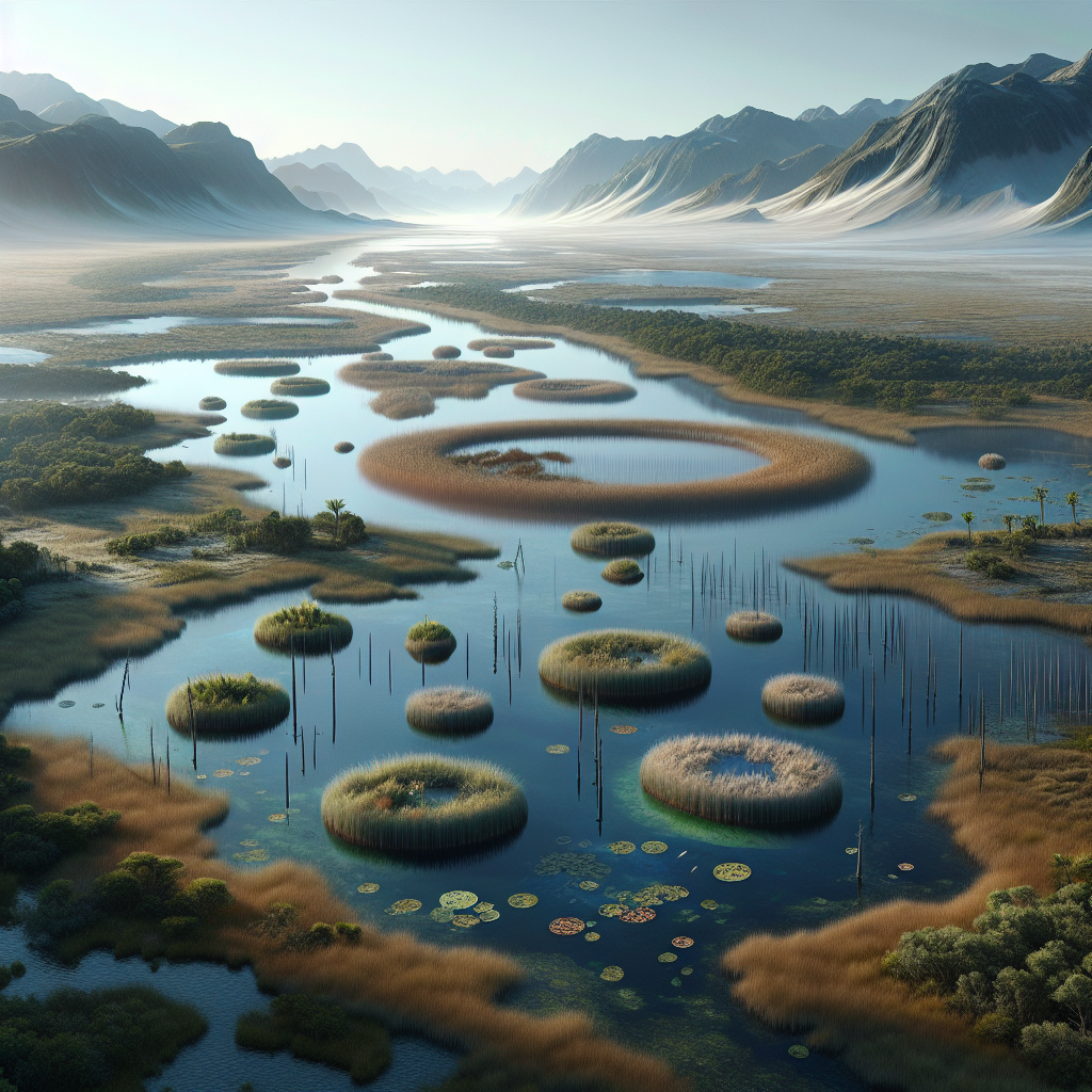Create a striking, high-quality, photorealistic image that illustrates an article about wetlands. Display a diverse array of wetland environments with various attributes that are understood to be ALS hotspots. Incorporate depictions of these water bodies' unique ecosystems – from dense marshes to open lagoons. Show subtle indicators of the worrisome prevalence of ALS in these areas, like scientific markers or hypothetical visual cues, to emphasize the investigative nature of the article.