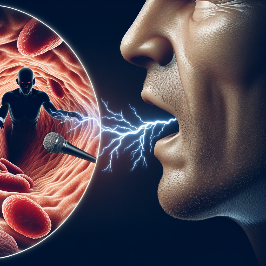 Create an image visualizing a concept of danger associated with ALS affecting speech. Depict a close-up view of a human vocal folds, symbolizing speech, and a lurking shadow over them or lightning strike, representing the hidden danger. Ensure the imagery is photorealistic and has a sense of urgency to match the severity of the topic.