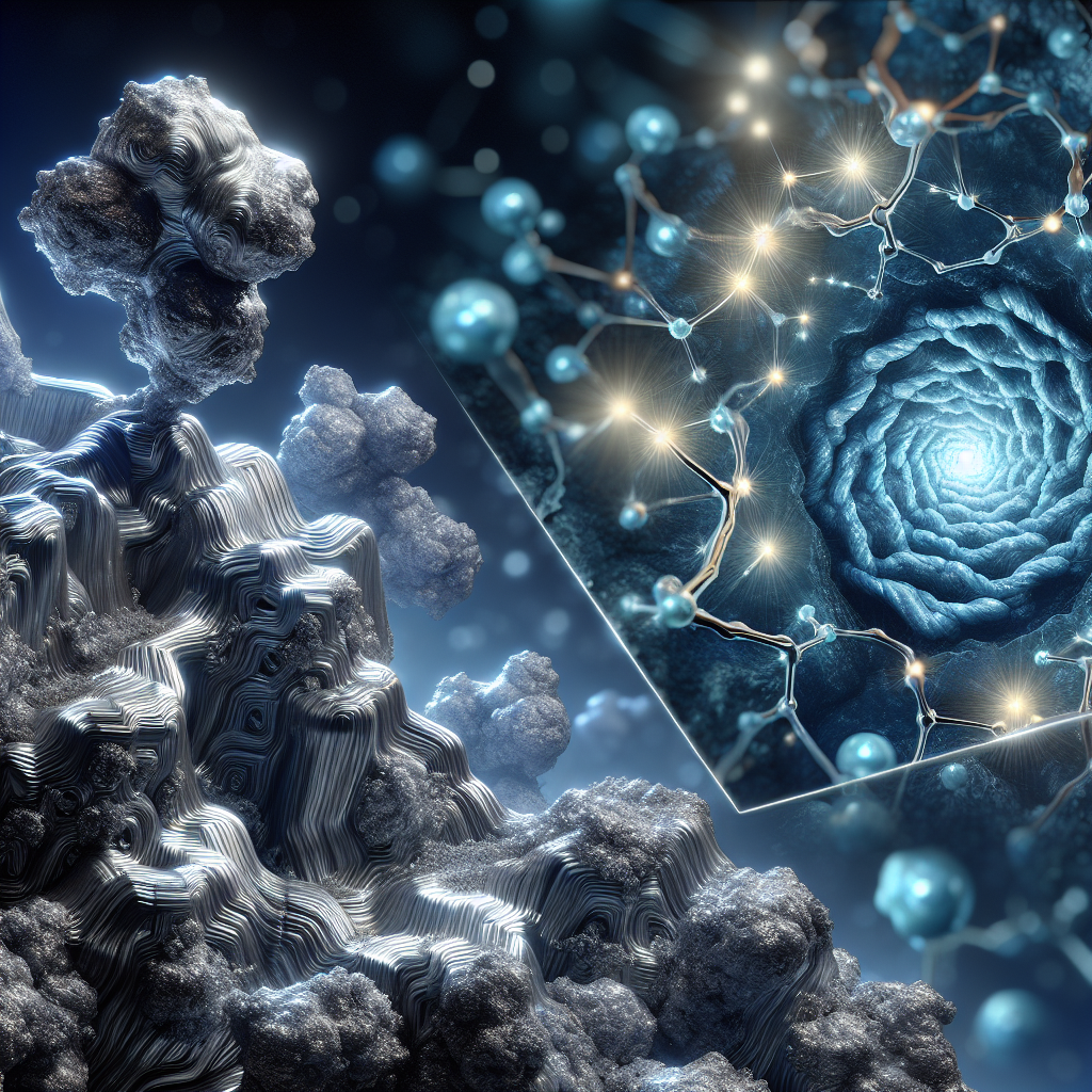 A photorealistic image for a scientific article. In the forefront, we see a microscopic view of a lead metal in intricate detail, showcasing its crystal structure. The lighting is strong, accentuating the sculptural texture of the lead. Behind it, we see swirling formations of water molecules, in blues and whites, creating a beautiful contrast. In the middle ground, there's a depiction of synapses, referring to the ALS Link. The synapses should be glowing subtly, signifying their importance in the whole setting. The backdrop should be a mysterious, deep black to make all the elements of the image stand out.