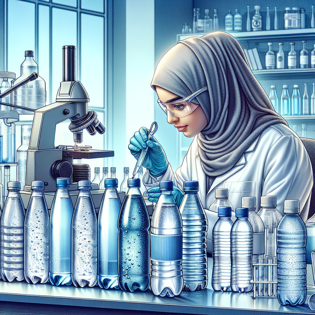 Design a highly detailed and photorealistic image for an article on the topic of 'Bottled Water Safety'. Illustrate a laboratory setup with a scientist, who is Middle-Eastern and female, meticulously testing the quality of bottled water. Depict a row of different brands of bottled water on a laboratory table, some open, others still sealed. The overall tone of the image should communicate cleanliness, safety, and professionalism. Also, include important lab instruments like a microscope, test tubes, and safety goggles in the background.