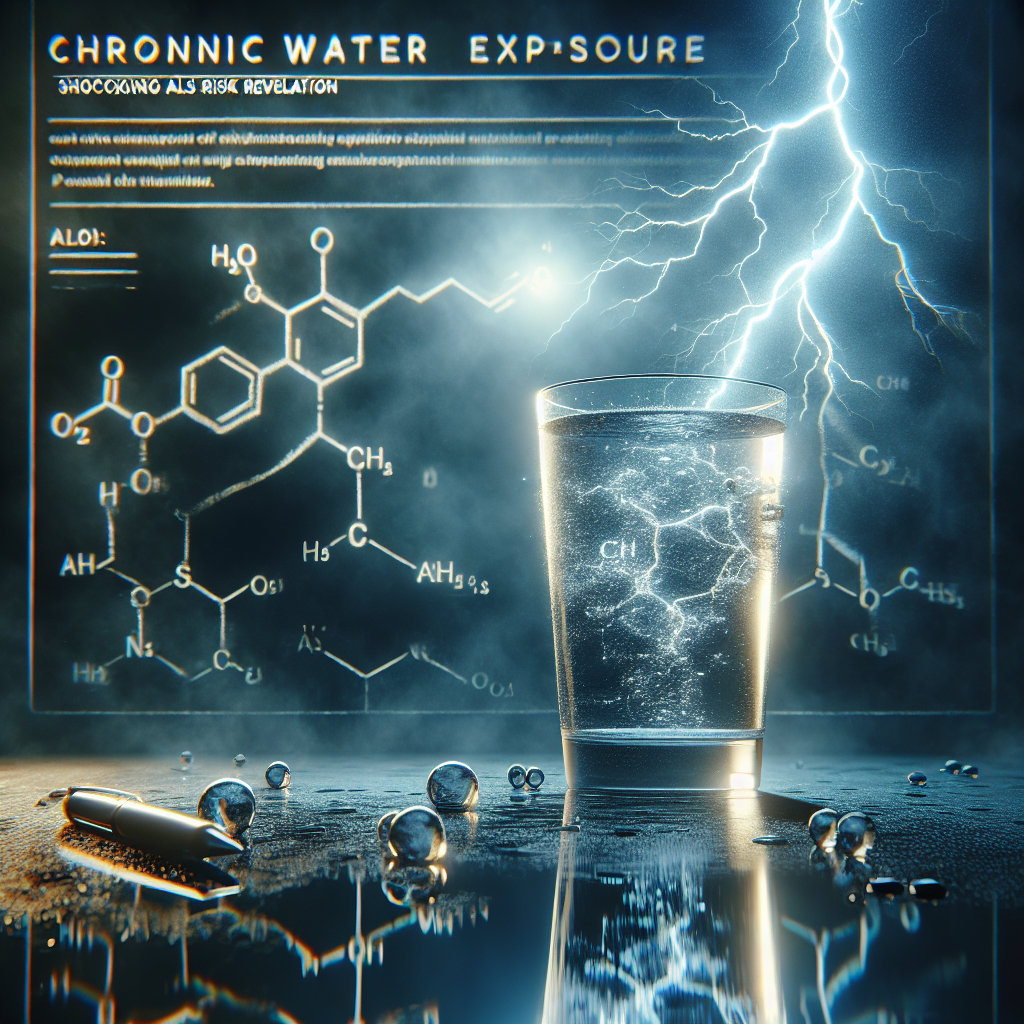 Create a realistic, high-quality image depicting the concept of 'Chronic Water Exposure: Shocking ALS Risk Revelation'. The scene should include a glass of water on a reflective surface with dramatic lighting to symbolize chronic water exposure. A faded molecular structure sketch in the background signifies the ALS risk. Also, include some sort of visual symbolism, like a lightning bolt, to represent the shocking revelation. The overall mood of the image should be serious and informative.