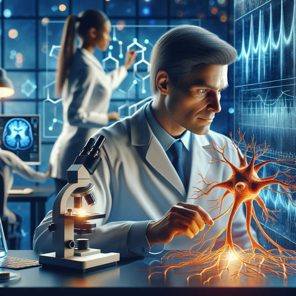 Create an image representing a major breakthrough in ALS research. In the foreground, show a Caucasian male scientist in a lab coat, looking at a 3D model of a neuron. He is surrounded by high-tech lab equipment, including a microscope and a computer with graphs on the screen. In the background, a Hispanic female scientist is seen analyzing data on a large board. The overall atmosphere should express a sense of discovery, promise, and hope, reflecting the stunning solutions for ALS prevention.