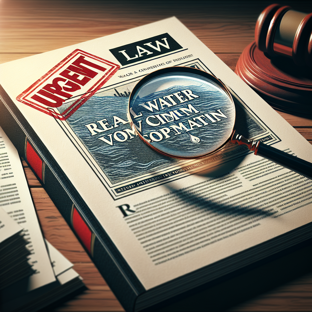 Create a detailed image for an article cover featuring a legal theme. It should depict an open law book with the title 'Real Water Victim Compensation' on it. To emphasize the urgency of the topic, there should be a red 'urgent' stamp on the top corner of the book, and a magnifying glass should be focusing on the title. In the background, a gavel and a stack of papers should be visible on a wooden desk to further emphasize the legal aspect of the guide. This image aims at inspiring seriousness and a need for immediate attention.
