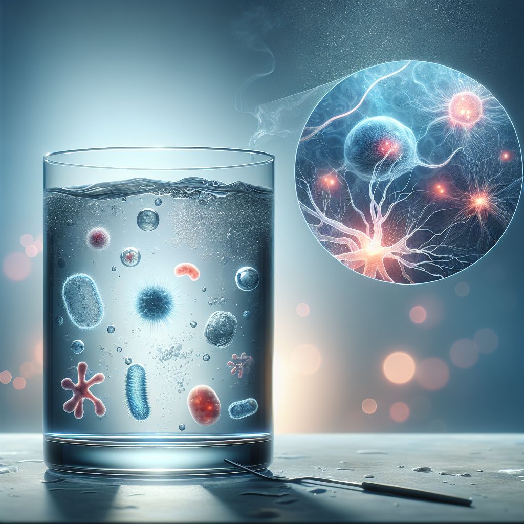 Create a detailed, photorealistic illustration for an article about water contamination and its link to ALS. The image should center on a glass of water, which is half filled. Floating within, have microscopic magnified depictions of harmful bacteria and toxins that are subtly glowing to emphasize their presence. In the background, softly incorporate symbolic elements related to ALS like subtle neuron structures gradually fading away. Make sure to use a somber, muted color palette to reflect the serious nature of the topic. Also, ensure the layout and visual elements align with an informative and captivating tone.
