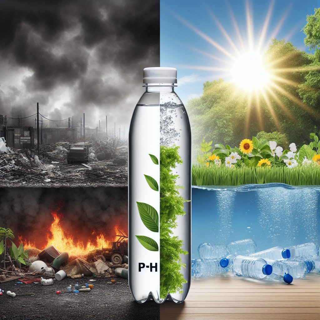 Create a realistic image that encapsulates the theme of 'Stunning Solutions for Toxic Issues'. Picture a clear glass water bottle filled with pure alkaline water with its high pH levels visibly indicated. Set it against a backdrop illustrating the contrast between toxicity and purity. On one side, visualize a grim environment with pollutants and contaminations, represented by pixelated smog and discarded waste. On the other side, envision a pristine and rejuvenated natural environment with flourishing greenery and a radiant sun. The bottle stands as a dividing line in this transformative scene.