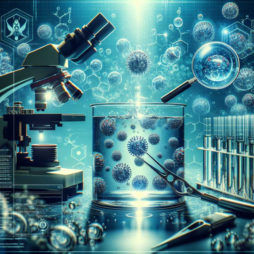A detailed scientific image illustrating the discovery of the hepatitis virus in a water sample. Visual representations of the water being tested in a science lab surrounded by advanced instruments. Tiny virus particles floating among water molecules as seen through a high-powered microscope. This should create an impactful image for an article about a Hepatitis outbreak related to water. The image should have an underlying tone of urgency and alarm, as fits the gravity of such a discovery.