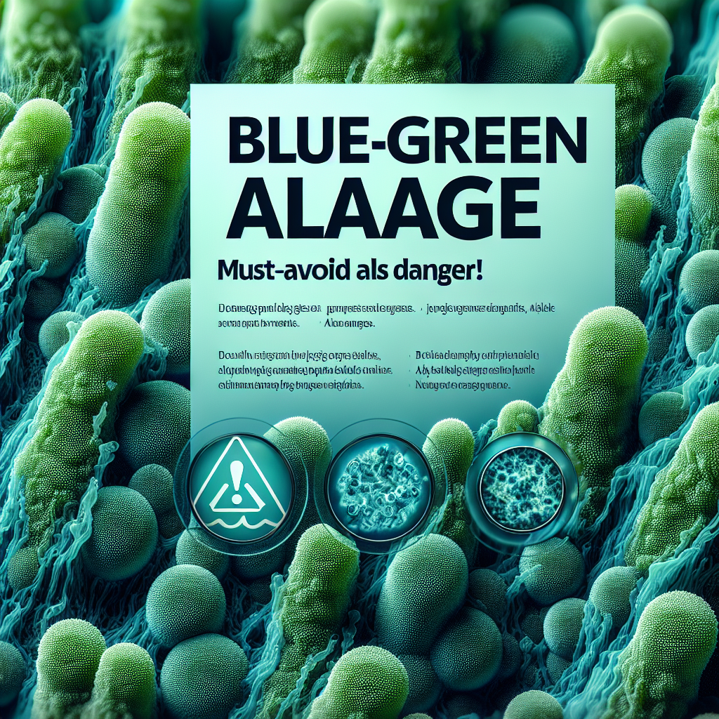 Create a detailed, photorealistic image of blue-green algae, emphasizing its vibrant colors and unique patterns. In the foreground, show a close-up of the algae's texture with microscopic details. Overlay this with transparent, easy-to-read text that says 'Blue-Green Algae: Must-Avoid ALS Danger!'. The title should be in bold, slightly ominous yet stylish font. Also, include symbols of danger or caution subtly throughout the image to underline the potential health risks associated with these algae.