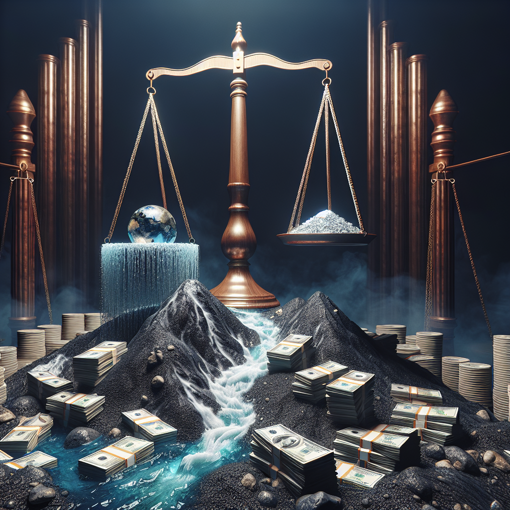 Visualize a high-quality, photorealistic representation of a concept pertaining to pivotal legal judgments regarding natural water resources. This should symbolize the shocking financial stakes involved, potentially amounting to billions of dollars. Show a weighted scale to represent judgment, a flowing river to signify water, and stacks of currency notes to symbolize the immense financial implications. The scene should be intense and heavy with anticipation to echo the innate risks tied to these water-related cases.