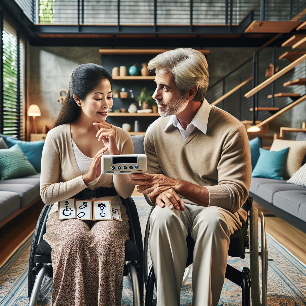Generate an image of a loving couple seated in a modern, well-lit living room. The South Asian woman is using a specialized technology device to communicate, illustrating how ALS technology aids can help strengthen relationships. The white man is attentive and involved in the communication, showing weathered hands which are holding flashcards representing different emotions. The interior design of the space should reflect warmth, comfort, and accessibility, with ramps and other disability-friendly modifications visible. Include details such as plush textures on the couch, a wide open floor layout, and soft, ambient lighting.
