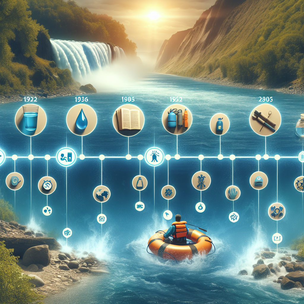 Create a visually stunning, high-quality, photorealistic image that represents a timeline on water safety. The timeline should contain distinct points depicting historical moments that significantly contributed to improving water safety procedures. The image should feature an elemental water image in the backdrop, perhaps a beautiful river or ocean, and include symbols or illustrations of key inventions or interventions that have enhanced water safety, such as water purification technology, life vests, safety buoys, and survival kits. The timeline should be depicted in an innovative and engaging manner to attract the reader's attention and interest.