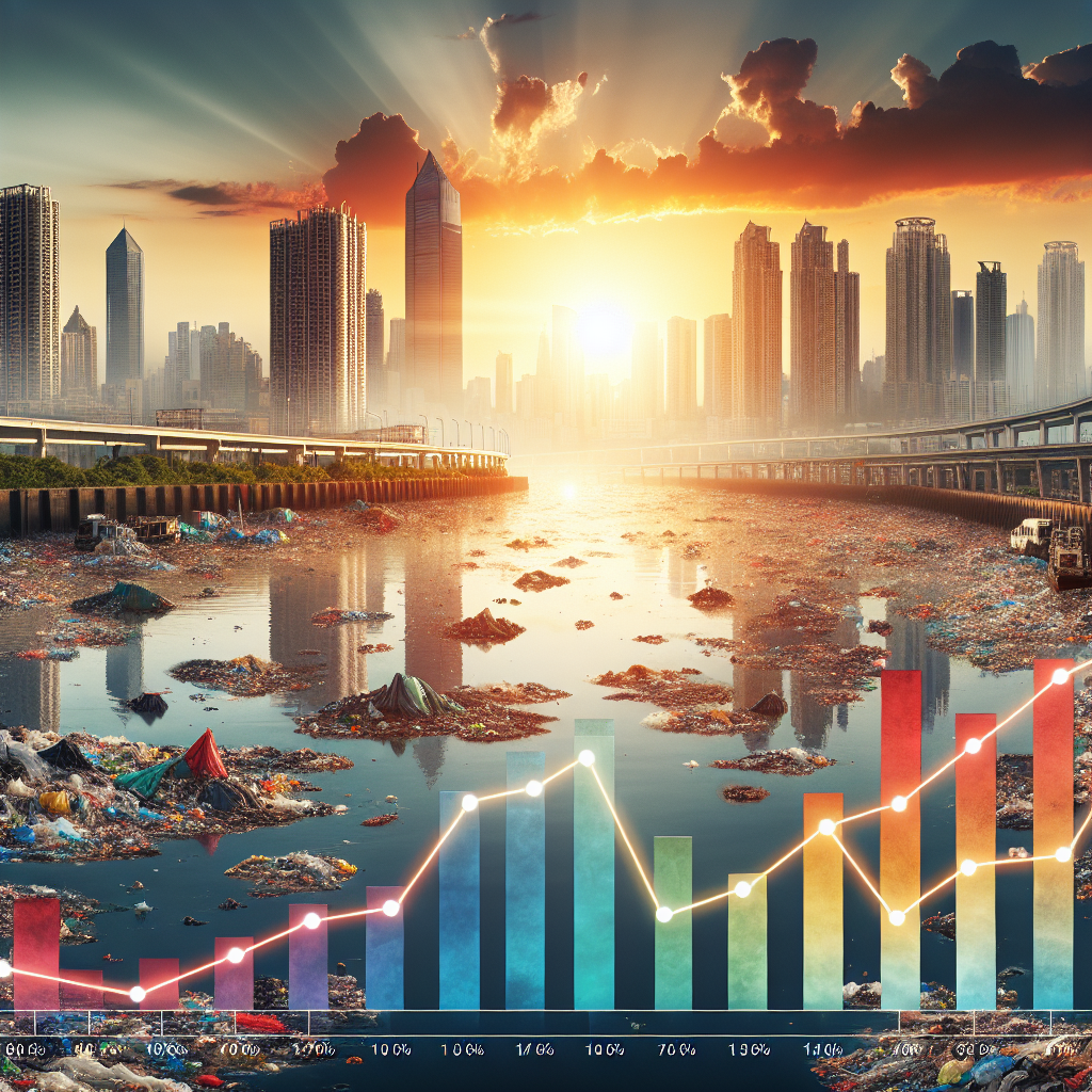 Create a striking visual representation of a large urban skyline with multiple high-rise buildings against a setting sun. The cityscape is reflected on the surface of a vast, polluted river, filled with visible waste and pollutants denoted by various colors. On the lower third of the image, infuse a line graph illustrating increasing incidence rates of ALS. The graph consists of a horizontal timeline on the X-Axis and the increasing percentage of ALS patients on the Y-Axis, with a notable upward trend. The image should reflect an interplay between urban water pollution and ALS disease.