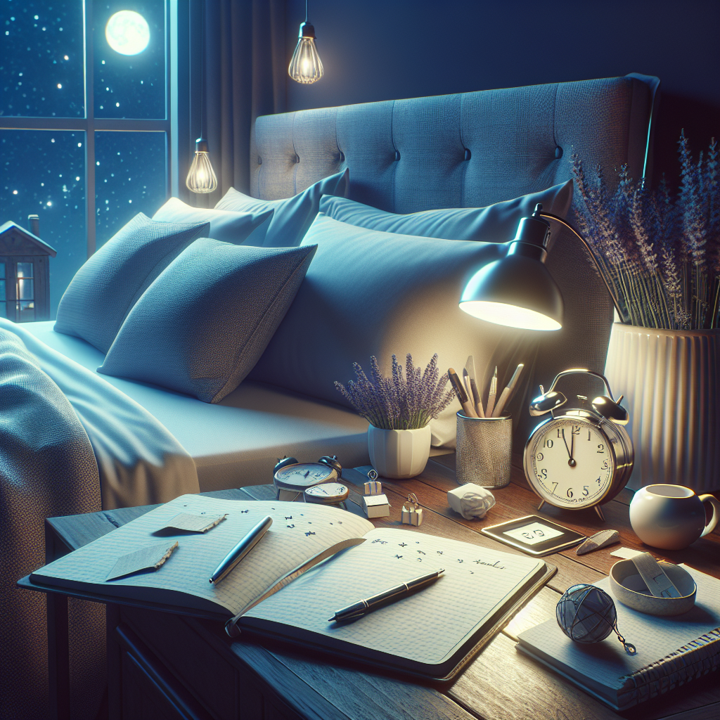 Generate a high-quality, photorealistic image illustrating the concept of managing sleep as an effortless strategy to reduce the risk of ALS. The image should include a peaceful bedroom environment at night, showcasing items such as a comfortable bed with soft pillows, a nightstand with a sleep journal and pen, a dimmed lamp, an alarm clock showing an early bedtime, and perhaps a calming lavender plant. The background could hint at the night sky through a window, implying the importance of a good night's sleep.