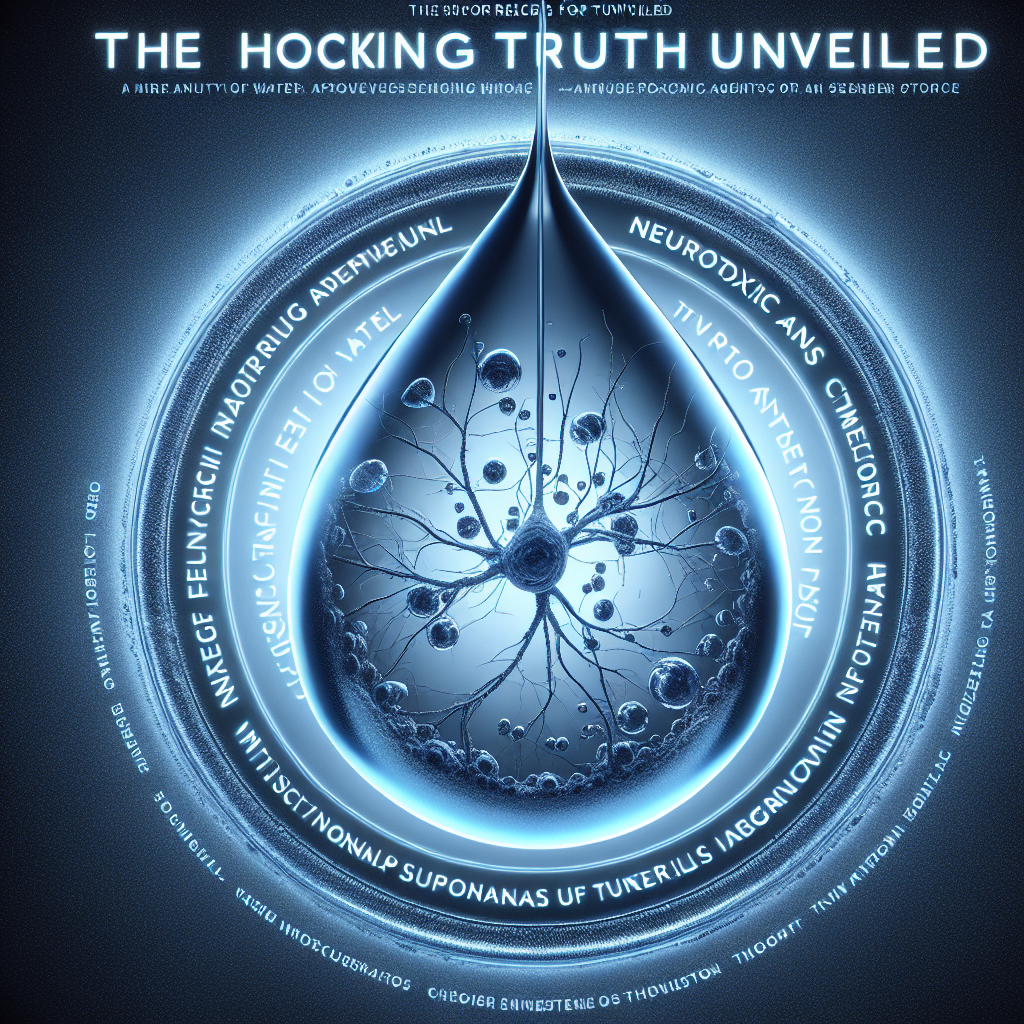 Generate a photorealistic image for an article taking centre stage - a droplet of water, ultra-magnified, revealing within it the sinister silhouette of various neurotoxic agents such as chemicals and metals. The imagery simultaneously reflects the astounding purity of water and the hidden dangers that could potentially lurk within. Surrounding the water droplet, around the edges of the image, include phrases that invoke a sense of shock and disbelief such as 'Shocking Truth Unveiled' and 'Neurotoxic Agents in Water'. All these elements create a dramatic, potent image that drives home the severity of the topic.