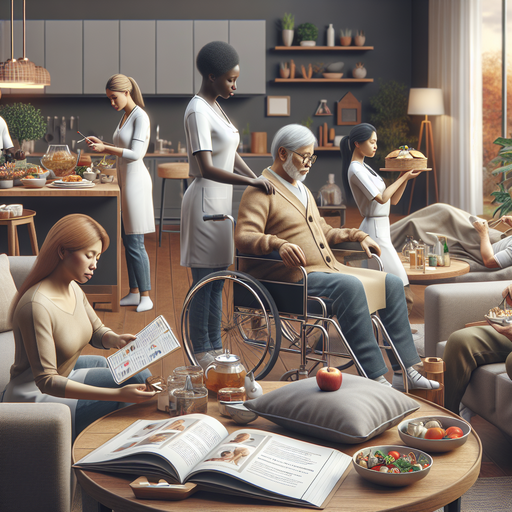 Generate a high-quality, photorealistic image illustrating an enriching environment for ALS caregiving. The scene includes a serene living room with comfortable furnishings, an open caregiver's manual laying on the coffee table with the headline 'Stunning Tips for Effortless Support'. A diverse range of people of different descents and genders are present, each performing various supportive tasks such as a black woman gently adjusting a supportive pillow, a Middle-Eastern man preparing a nutritional meal in the open kitchen, a Caucasian male reading from the caregiver's manual, and a South Asian woman with medical tools providing hands-on care.