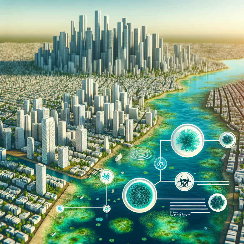 A detailed view of a cityscape with skyscrapers towering above a dense population. Within the city, there are several bodies of water sporting a vibrant blue-green color due to the blue-green algae bloom. Infographic elements hover above the scene, showing the structure of blue-green algae and a link to Amyotrophic Lateral Sclerosis (ALS). This scene paints a clear picture of the potential hidden danger lurking within urban environments.