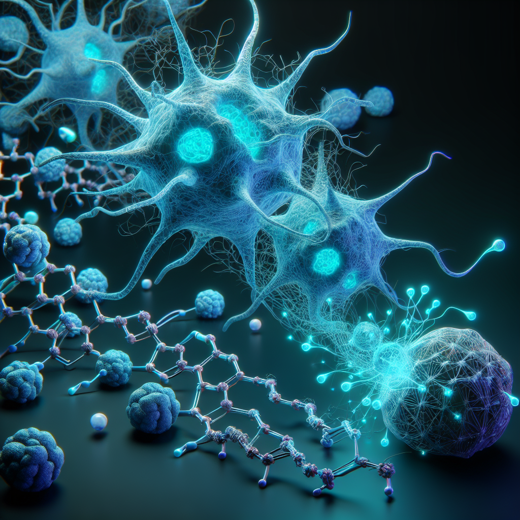 Create a photorealistic image that visually interprets the concept of cyanotoxins causing neurodegeneration in ALS. The image should include 3D representations of cyanotoxins, these toxins are often depicted as complex, intricate structures in a bright cyan color surrounded by a molecular cloud. Nearby, display a photorealistic interpretation of neurons, these should look like a network of intertwined cables with electrical signals passing through them. Gradually, show the effects of the cyanotoxins damaging these neurons, making the intricate cables deteriorate and lose their vibrant colors, symbolizing the neurodegeneration in ALS. The image should be detailed enough to be used for an article with a serious tone.