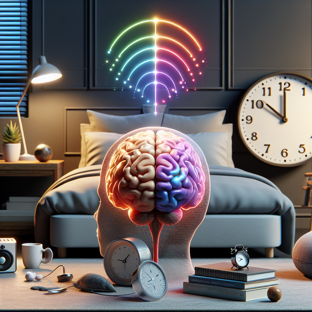 A photorealistic image that conceptualizes sleep issues associated with Amyotrophic Lateral Sclerosis (ALS). The image shows a human brain with different colored lights indicating brain activity during several phases of sleep. Alongside, there's a representation of a clock, gradually progressing from late evening to early morning hours. The setting is a tranquil room with items signifying sleep management strategies, such as a comfortable bed with soft pillows, a noise machine, darkening window shades, and a low-light bedside lamp. Also, include a book titled 'Management Insights into ALS Sleep Issues'.