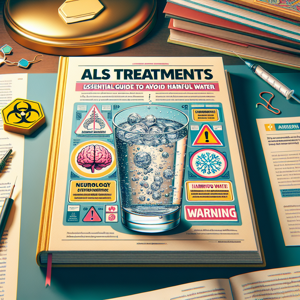 Design a detailed and engaging cover image for an informational article titled 'ALS Treatments: Essential Guide to Avoiding Harmful Water'. The image should feature an open book with visible texts related to neurology and ALS research, a glass of clean, sparkling water and a warning sign symbolizing harmful water. The background could be a well-lit study table in a professional setting to add sophistication. The colors should be soothing, and the typography eye-catching, ideally in a serif font for added elegance and readability. 