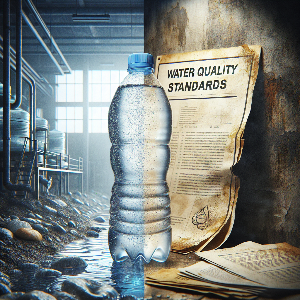 Imagine an illustrative cover image for a thought-provoking article about insufficient regulation in the bottled water industry. A clear plastic water bottle is perfectly centered, with visible impurities suspended in the liquid within. Beside it, a document titled 'Water Quality Standards', showing signs of damage and neglect - faded text, ripped corners, coffee stains. In the background, a damp and dimly lit industrial setting is just discernible, perhaps a bottling facility in disrepair. The unmistakable contrast between the detailed elements emphasizes the urgent need for action and reform.