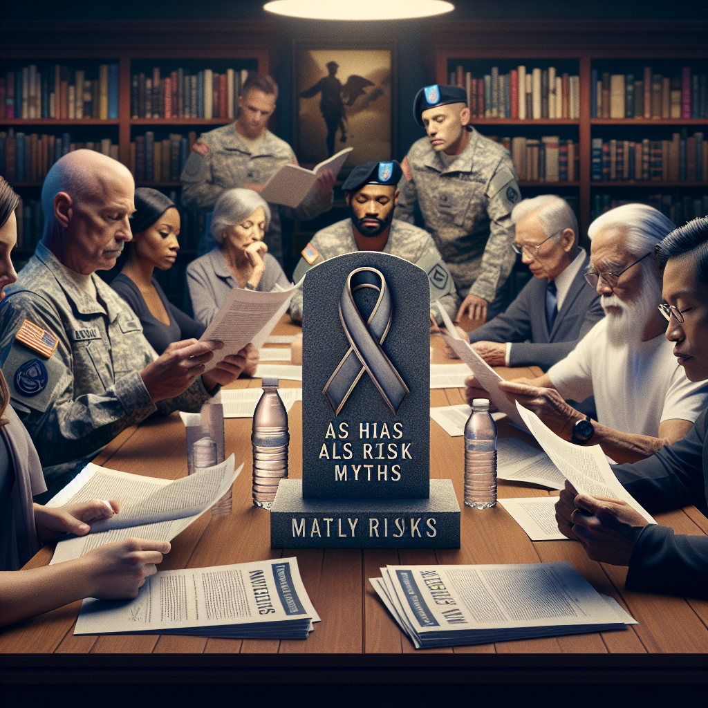 Create a detailed and realistic image depicting a diverse group of veterans sitting around a wooden table. In the center is an ALS awareness ribbons grave marker bearing military inscriptions. The veterans, who include a Hispanic woman, a Middle-Eastern man, and an East Asian man, are viewed from different angles, each reading respective papers about ALS myth debunking. They exhibit curiosity and engagement while a water bottle sits on the table, symbolizing the focus on water risk myths. A subdued, serious atmosphere pervades, with soft indoor lighting illuminating the scene on the background of a library filled with medical books.
