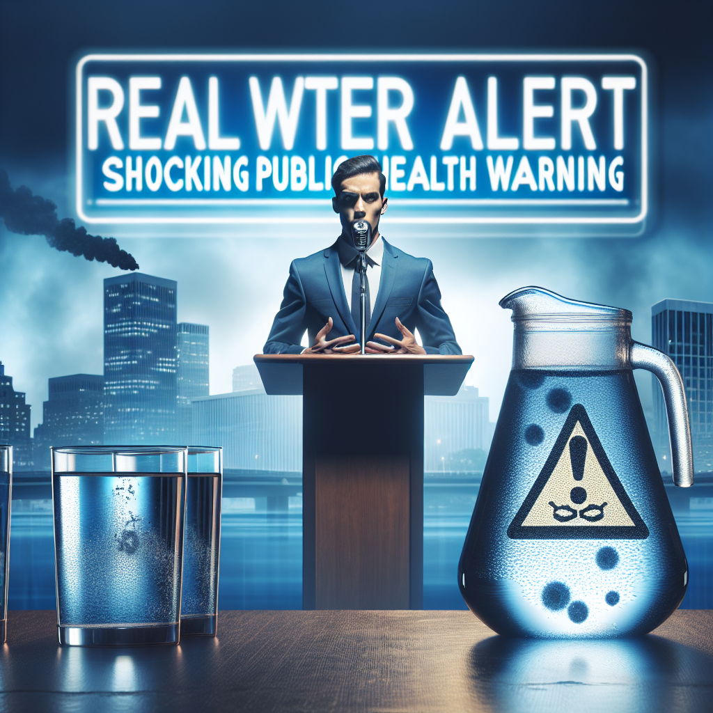 Visualize a dramatic scene where a public health official of mixed-race descent is standing at a podium, delivering a serious speech about public health warning concerning the water safety. The background showcases a cool-toned cityscape. In the forefront, lay a table with a clear jug of water showcasing alarming contaminants perceptible to the human eye, creating an ominous feeling. Overlay this scene with text saying: 'Real Water Alert: Shocking Public Health Warning'