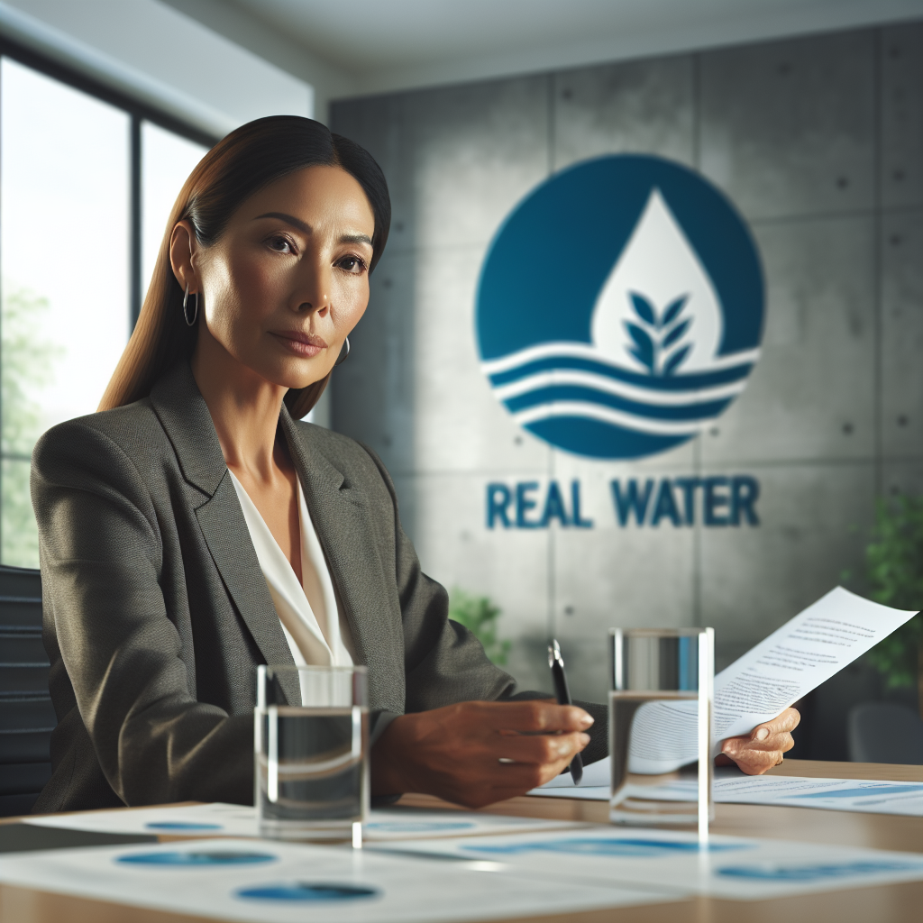 Create a photorealistic image showcasing a middle-aged and serious South Asian female CEO seated in a modern office environment. She is reviewing some documents about water sustainability with a look of determination and hope in her eyes. There is a prominent logo of a fictional company named 'Real Water' on the wall behind her. An air of responsibility and accountability surrounds her as she works towards groundbreaking environmental solutions.