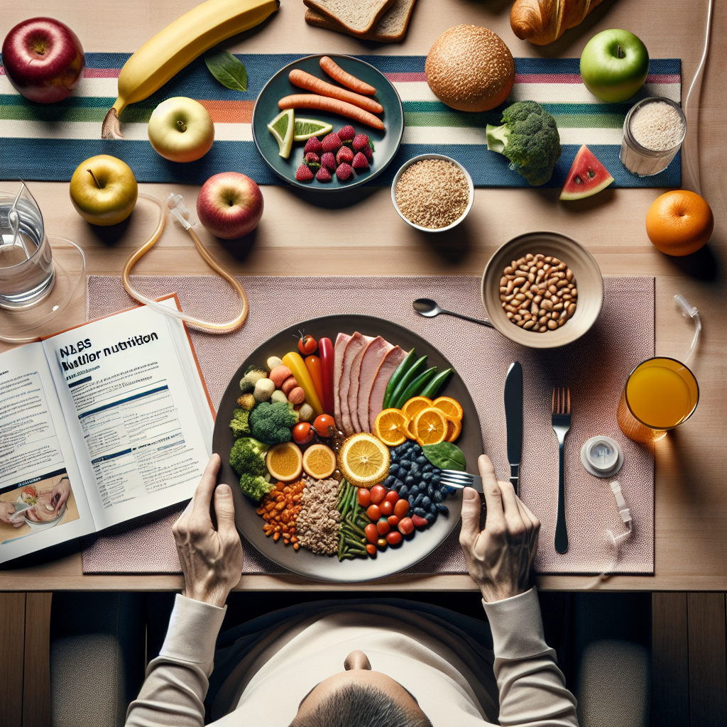 Generate a visually rich and detailed image that depicts a person seated at a dining table, with a plate full of healthy and nutritious food in front of them. Include a variety of fruits and vegetables, lean meats, legumes and whole grains in the image. On the table, place a small nutrition guidebook opened to a page about ALS nutrition. This person should look thoughtful and focused, analyzing every aspect of their meal. Also, include a feeding tube neatly coiled nearby, juxtaposed with the vibrant meal. Implicit in this image should be the challenging decision that individuals with ALS face regarding nutrition and the use of feeding tubes.