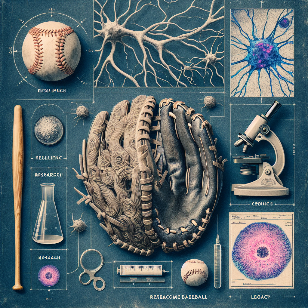 Create a striking, high-quality, and photorealistic image that represents the legacy of Lou Gehrig's Disease beyond baseball. The image should depict symbolic elements such as a baseball glove and ball, intertwined with medical imagery like neurons and microscope images of cells. Elements should be delicately layered to express both the impact of the disease and Gehrig's influence beyond the sports world. Keywords should include resilience, research, and legacy. Lastly, add hints of vintage baseball aesthetic strong enough to invoke the time period Gehrig played in.