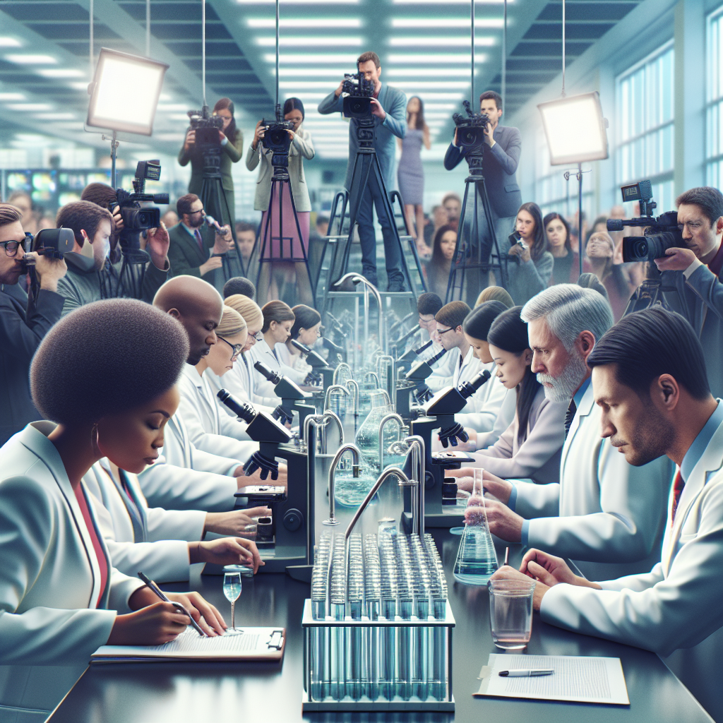 A high-quality, photorealistic image showcasing a diverse team of researchers, with an equal mix of men and women of various descents - Black, Caucasian, Hispanic, Middle-Eastern, South Asian, and White, engrossed in studying water samples in a state-of-the-art lab full of advanced equipment. In the background, we see a hint of a media frenzy - journalists carrying cameras and microphones, flashing lights, adding a sense of urgency and underlining the significance of the water role research amidst a scandal.