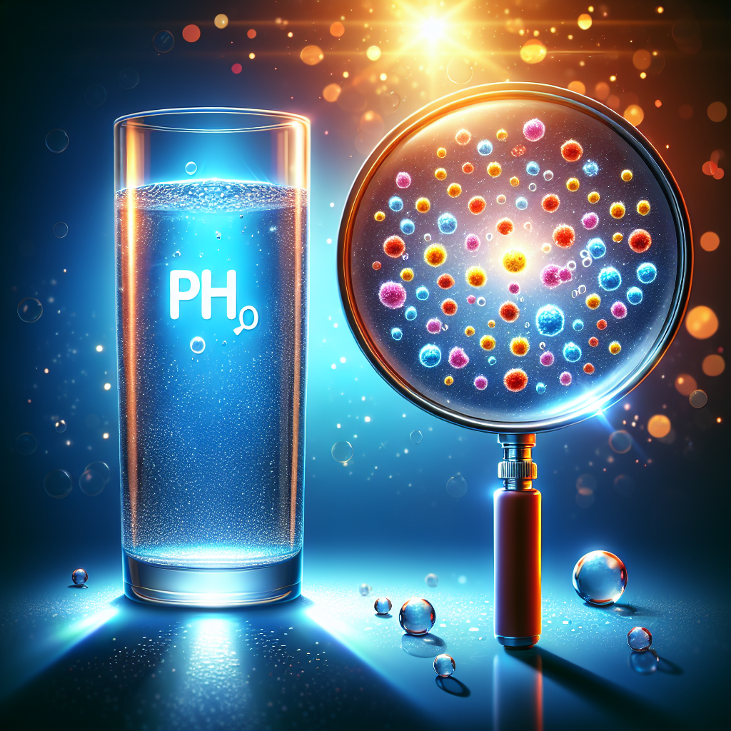 Illustrate a dramatic conceptual artwork for an article titled 'Alkaline Water Scandals: Shocking Toxins Revealed'. The image should portray a pristine glass of water with a shining, bright pH scale indicating alkalinity, but alongside, a magnifying glass should reveal tiny, vivid particles of harmful toxins floating within the seemingly clean water. This paradoxical representation should illustrate the deceptive nature of such scandals and the hidden dangers in what is viewed as healthy.