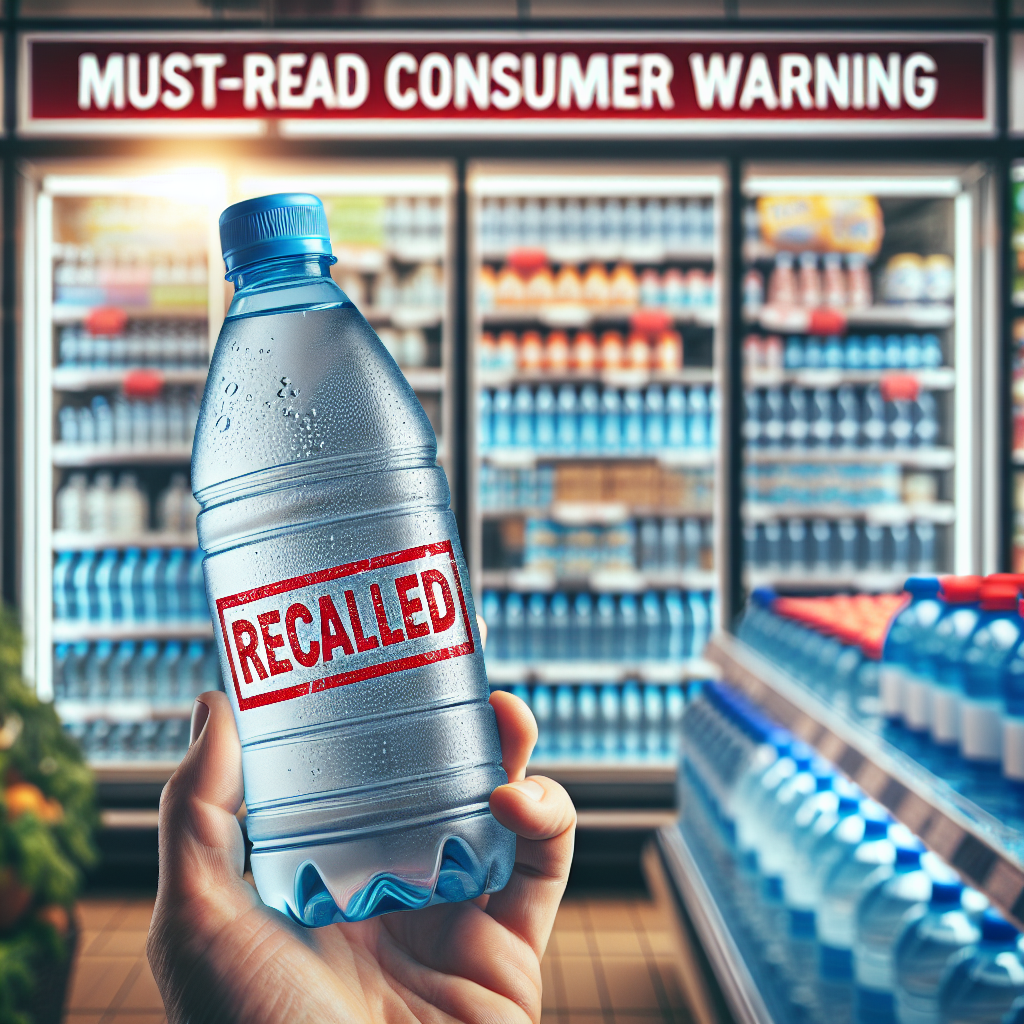 Create an image depicting the concept of consumer warnings for recalled water. Show a close-up of a hand-held bottle of water with a visible 'Recalled' stamp in red across the front. Also, include a blurry background showing other supermarket shelves filled with water bottles. Further back, have a window display with bold, clear texts saying 'Must-Read Consumer Warnings'. The imagery should evoke a sense of caution and urgency.