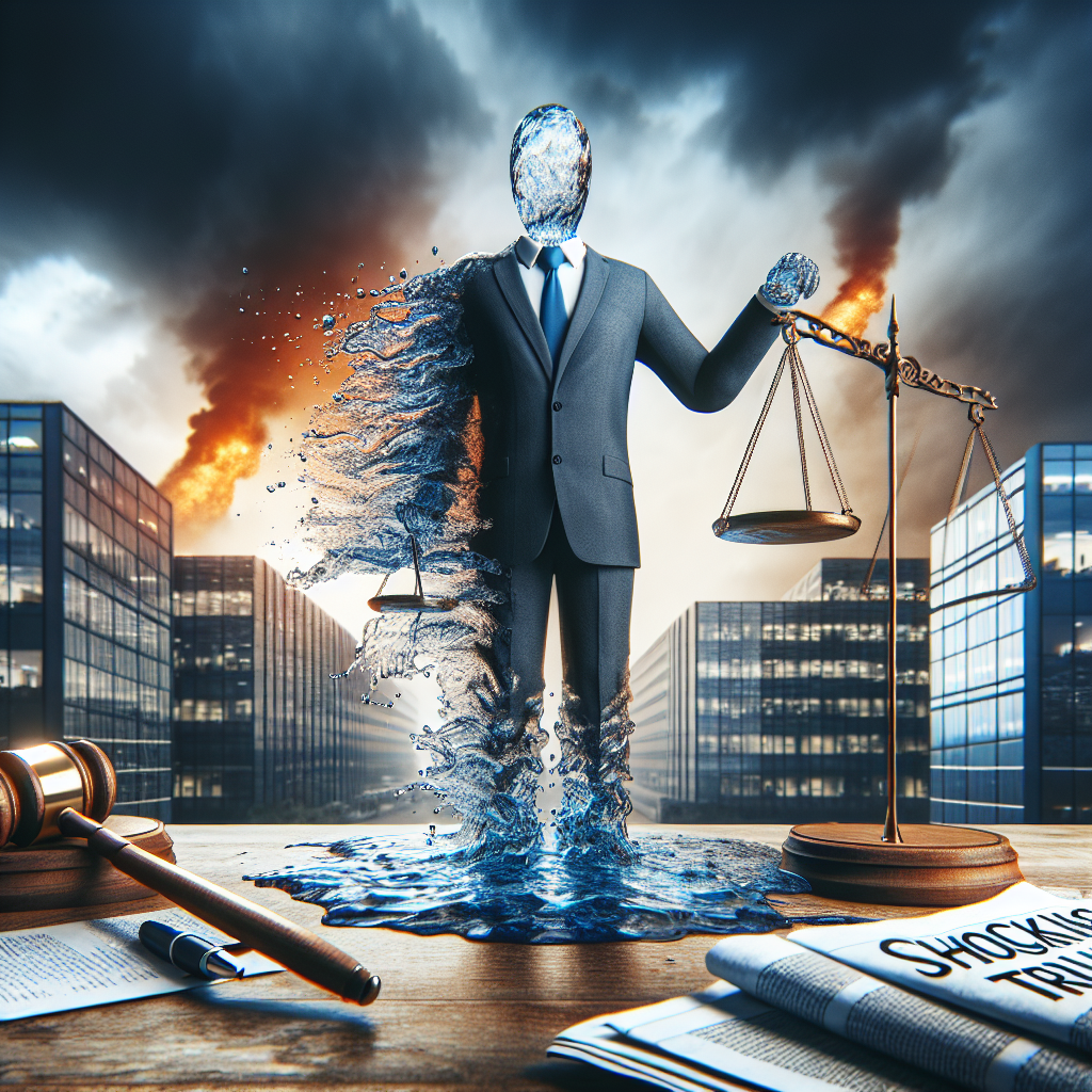 Create an image that depicts a dramatic, abstract concept of corporate accountability in the water industry. Use symbolism such as a corporate attire-clad figure made of water standing in front of a company building. The entity is holding a balance scale, which represents justice, accountability, and fairness. A newspaper with a headline 'Shocking Truths Revealed' is laid on a desk. The environment, weather, and other elements of the image should convey a serious, intense mood.