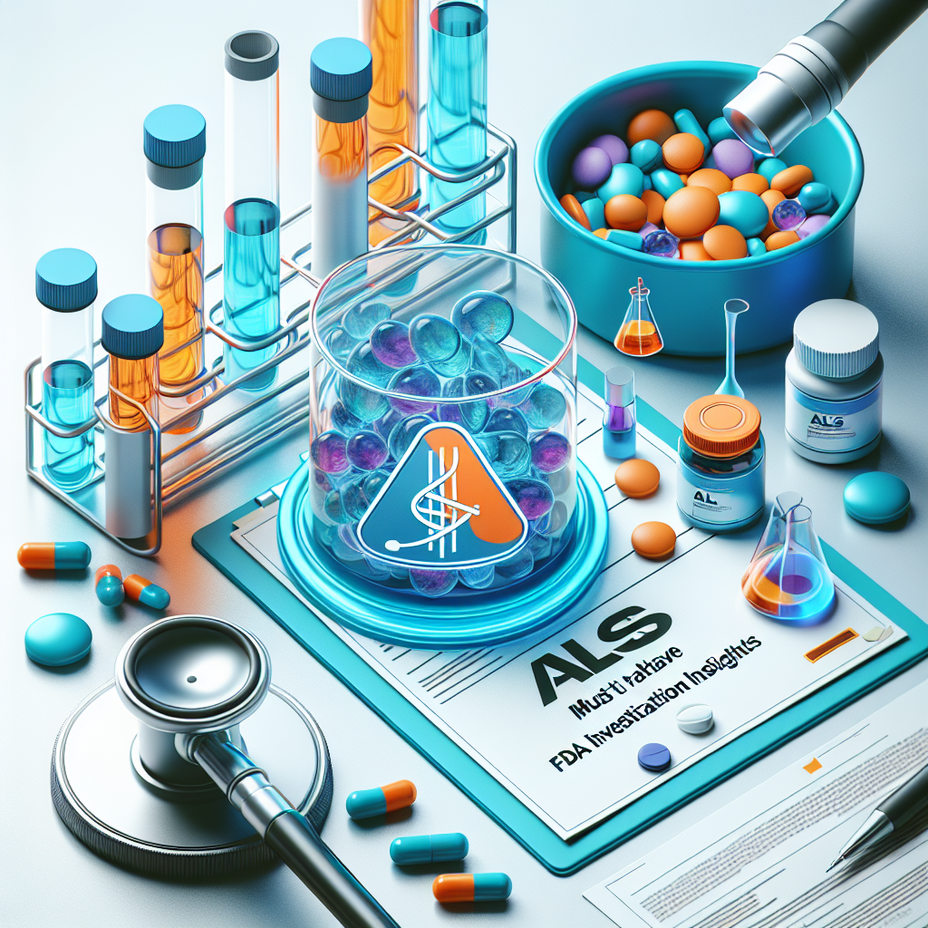 Create a high-quality, photorealistic image that resonates with the topic 'ALS Treatments: Must-Have FDA Investigation Insights'. Please include elements related to medicine and healthcare, like a laboratory setting, carefully arranged medications, documentation indicating FDA investigation, and a symbolic element representing ALS. Aim for a vibrant yet professional visual tone to engage readers of the article.