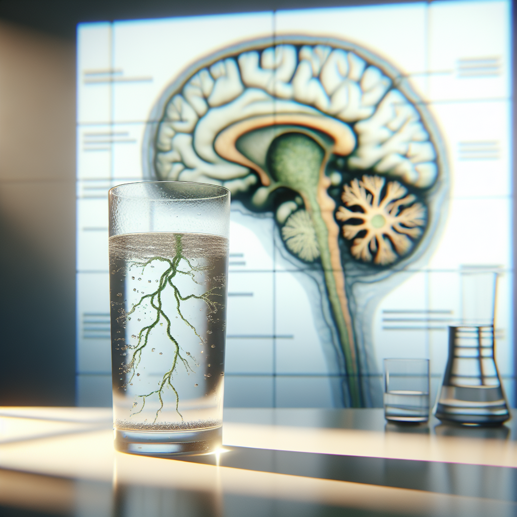 Generate an illustrative and photorealistic image showcasing an invisible threat. The scene features a glass of water with subtle greenish tint indicating contamination. The water is on a white table casting soft shadows due to the natural lighting coming from a nearby window. In the background, there's a diagram of a neuron with visible marks of degeneration - representing its connection to ALS (Amyotrophic Lateral Sclerosis). The composition aims to symbolize the potential, yet devastating, link between contaminated water and the trigger for ALS.