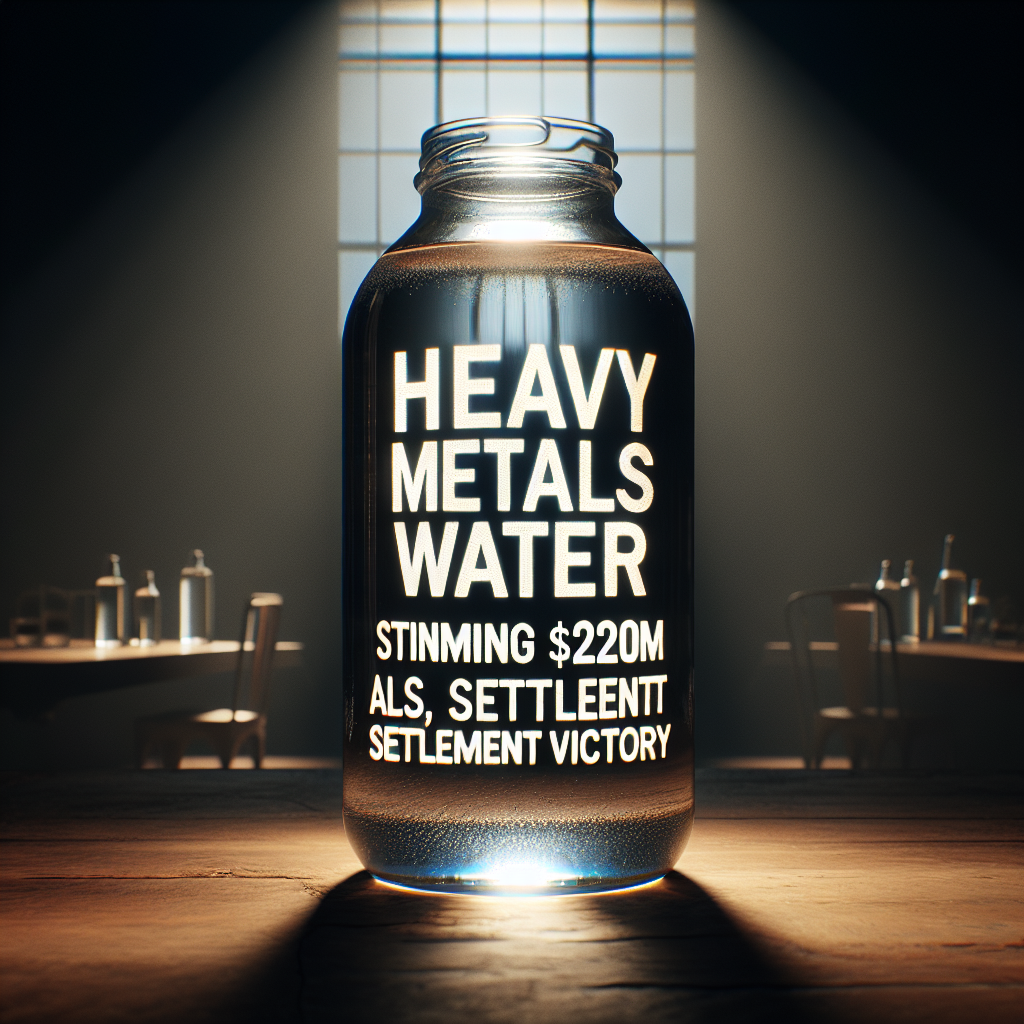 Depict a scene with a crystal-clear glass bottle filled with water, standing on a wooden table. Illuminate the scene with natural lighting, casting soft shadows around. Overlayed upon the image are the words, 'Heavy Metals Water: Stunning $228M ALS Settlement Victory' in bold, impactful typography, adding the sense of a significant legal achievement. The atmosphere should portray a sense of victory and relief.